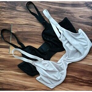 Cuup Unlined Plunge Bra Size 34F Set Of 2 Black Beige Satin Underwire Minimalist